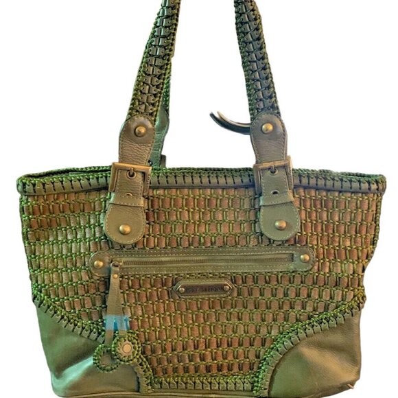 ISABELLA FIORE TUCK DELUX WEAVED PINECONE TASSELED TOTE HANDBAG PURSE GREEN - Picture 1 of 13